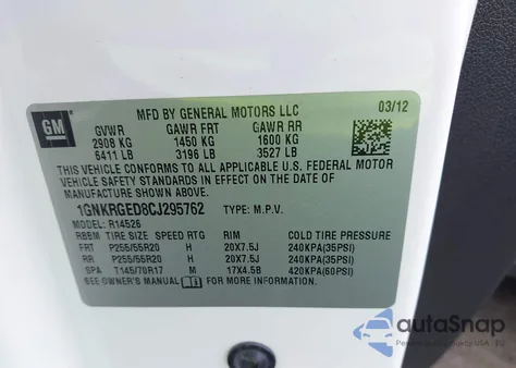 2012 Chevrolet Traverse 1Lt z USA, uszkodzony, nr VIN 1GNKRGED8CJ295762